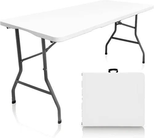 Vista 10 de Mesa plegable de 4 pies, mesas portátiles de plástico para comedor, fiestas, tarjetas, picnic, camping, granito, blanco