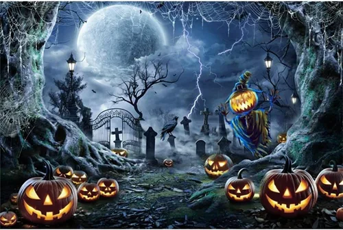 Vista 8 de Renaiss Telón de fondo de Halloween con telaraña, árboles, lámpara de calabaza, bosque sombrío, fotografía, fondo espeluznante, luz de luna
