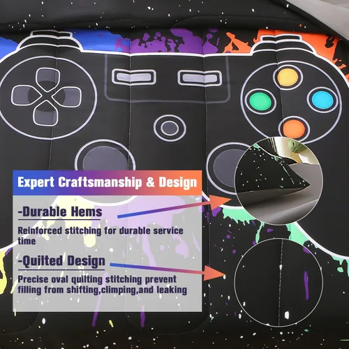 Vista 7 de JQinHome - Juego de edredón Gamer individual para niños y niñas, juego de cama en una bolsa de 6 piezas con diseño de videojuego 3D - Juego de ropa