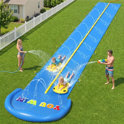 Vista 5 de Evoio Tobogán acuático, tobogán acuático inflable de 32.8 pies con 2 carriles de carreras para niños, niñas y adultos, tobogán acuático al aire