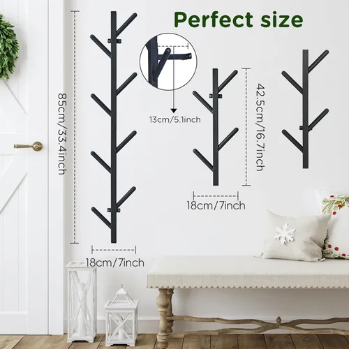 Vista 4 de Juego de 2 percheros negros para pared, perchero flotante de diseño moderno, perchero para ropa, bufandas, bolsos, gorras, ganchos verticales