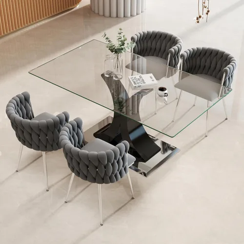 Vista 24 de Juego de comedor moderno de vidrio de lujo de 5 piezas, juego de cena rectangular minimalista grande para 4, juego de mesa de cocina de vidrio