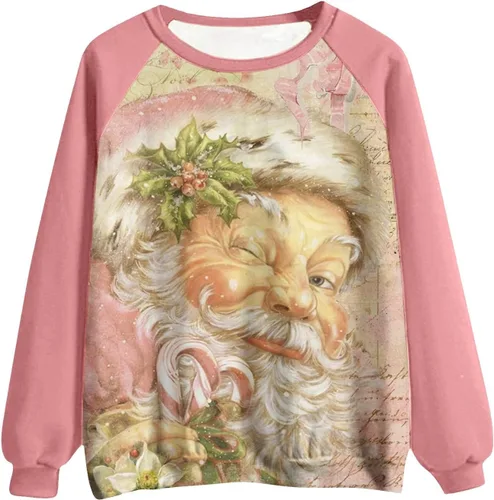 Vista 2 de Suéter de manga larga con cuello redondo y estampado de Feliz Navidad para mujer, sudadera ligera para otoño e invierno