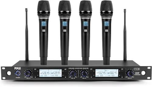 Vista 9 de Pyle Sistema de micrófono inalámbrico UHF de 4 canales con 2 micrófonos de mano, 2 Lavalier 2 auriculares y transmisores de cinturón, rango de 300