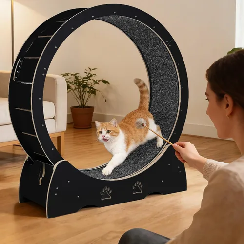 Vista 3 de Cat Exercise Wheel Wooden Running Treadmill with Carpeted Runway for Indoor Black