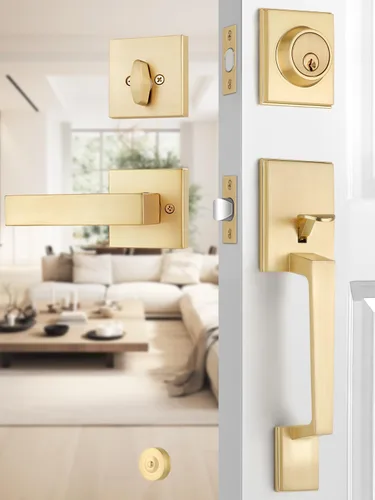 Vista 18 de EHOMEWARE - Juego de manijas de puerta delantera doble de latón, manija de puerta de latón cuadrado resistente en oro y cerradura de un solo