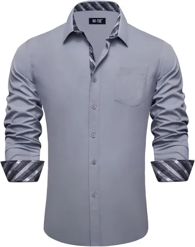 Vista 12 de Hi-Tie Camisa de manga larga jacquard con contraste interior sin arrugas para hombre
