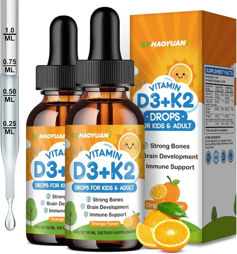 Vista 11 de Gotas de vitamina D3 K2 para niños, suplemento líquido con calcio, Omega 3, zinc, vitamina D3 K2 para absorción de calcio huesos saludables