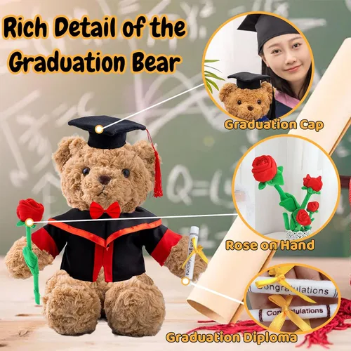 Vista 3 de Oso de peluche personalizado con foto + texto, oso de graduación con rosa + lazo como oso personalizado para el día de graduación 2023, regalo