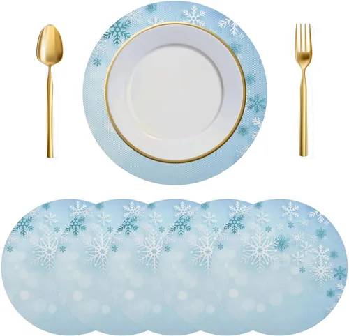 Vista 2 de Juego de 6 manteles individuales redondos, copos de nieve sobre rojo oscuro, resistentes al calor, para mesa de comedor, decoración de Navidad