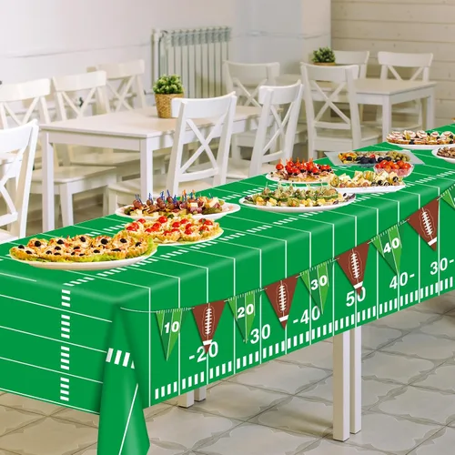Vista 6 de Qyeahkj Suministros para fiestas de fútbol, juego de mantel de rugby, juego de pancartas para mesa de campo de fútbol, incluye banderín de papel