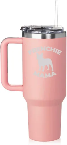 Vista 3 de Daylor Vaso de 40 onzas con asa y tapa con pajilla, taza de viaje aislada de acero inoxidable, taza de viaje Frenchie Mama French Bulldog (negro)