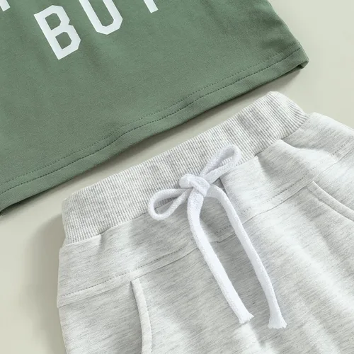 Vista 100 de Conjunto de traje de verano para bebé niño pequeño, manga corta, cuello redondo, letras impresas, lindo traje de verano, conjunto de 2 piezas