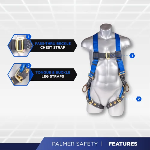 Vista 2 de Palmer Safety Arnés de cuerpo completo de ajuste de 5 puntos, anillo 3D, patas con ojales e indicadores de caída