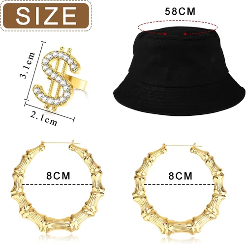 Vista 3 de YADOCA Accesorios de hip hop de los años 80 y 90 para mujeres y hombres, kit de disfraz de hip hop, sombrero de cubo, lentes de sol, collar de signo