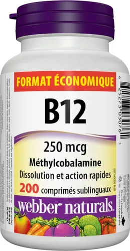 Vista 2 de Webber Naturals Vitamina B12 250 mcg Metilcobalamina, 200 tabletas sublinguales