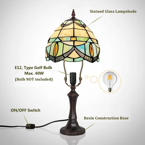 Vista 7 de Tiffany - Lámpara de mesa pequeña con vitrales, luz de mesa de estilo antiguo, lámpara de noche vintage para sala de estar, dormitorio, mesita