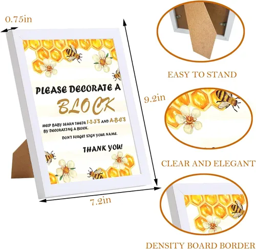 Vista 2 de Kit de decoración de bloques de madera para baby shower, juego de manualidades con temática de abeja 45 cubos de madera en blanco y 24 pinturas