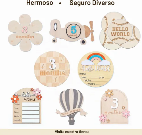 Vista 6 de Tarjetas de hitos mensuales para bebés, discos de hitos mensuales de madera, accesorios de fotografía para recién nacidos para documentar