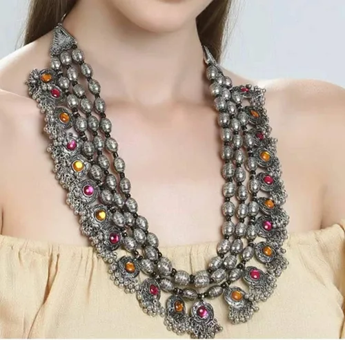 Vista 3 de Crunchy Fashion Bollywood - Collar de metal negro de plata oxidada estilo tradicional indiobohemio tribal tribal indio para mujer, Plata esterlina