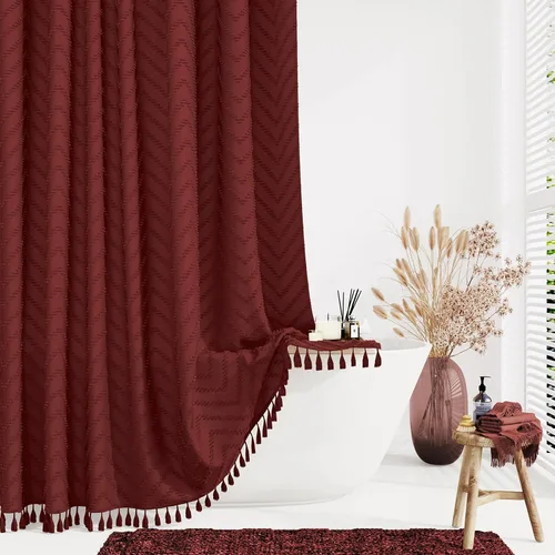 Vista 24 de Dynamene - Cortina de ducha de tela bohemia con rayas con chebrón en relieve, juego de cortina angosta para baño, media cortina impermeable de A.