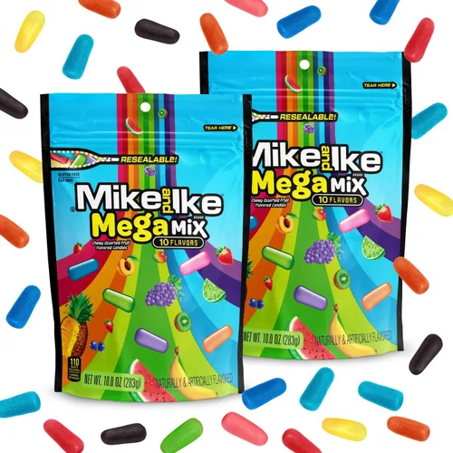 Vista 2 de Mike and Ike Mega Mix Candy, paquete de 2 cajas de dulces de cine de 10 onzas cada una, dulces ideales para Mike e Ike para tus películas favoritas