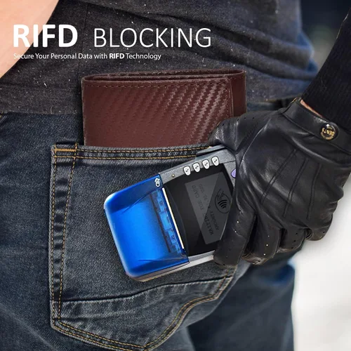 Vista 18 de Cartera de cuero RFID hecha a mano para hombres, elegante cartera de bolsillo frontal triple con 2 ranuras para identificación y 9 tarjetas, Azul
