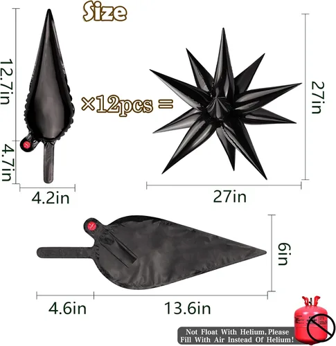 Vista 2 de 60 globos de estrella negra, globos de papel de aluminio de estrella de explosión de 12 puntos para Halloween, Navidad, cumpleaños, boda, Negro