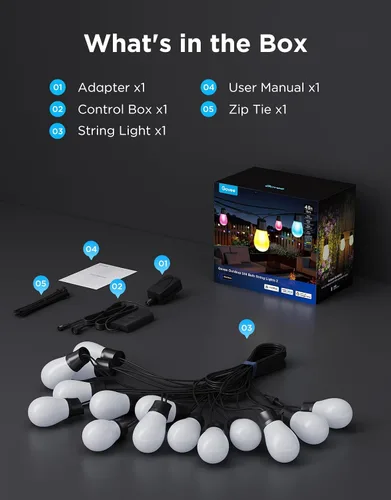 Vista 9 de Govee Guirnalda de luces S14 para exteriores, luces inteligentes RGBIC de 48 pies de color blanco cálido con 15 bombillas LED, 111 modos de escena