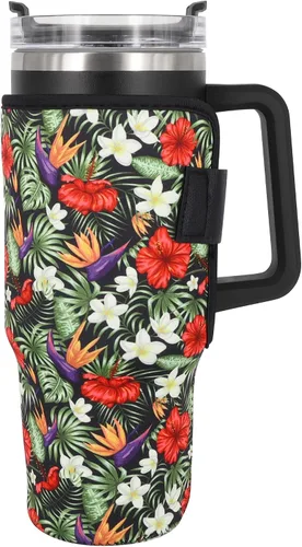 Vista 7 de Fundas aisladas de neopreno reutilizables, idea para vaso de 40 onzas con asa (solo mangas de taza) (China floral abstracta) Reusable Neoprene
