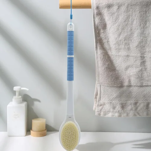 Vista 7 de Cepillo de ducha con cerdas suaves y rígidas, mango largo de 18.5" de doble cara, cepillo de baño para la espalda, exfoliador corporal para Azul