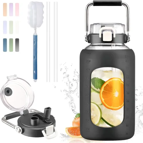 Vista 29 de BLUEGO Botella de agua de vidrio de 64 onzas con mango de acero inoxidable, botella de agua grande con marcadores de tiempo y funda de silicona Ámbar