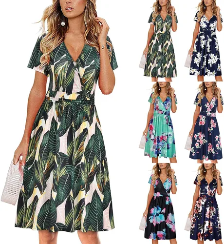 Vista 4 de Vestidos de verano para mujer, vestidos para mujer 2022 de manga corta con cuello en V, vestido de verano con estampado floral, vestido hasta