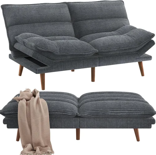 Vista 7 de Pipishell Sofá cama futón, futón convertible con respaldo ajustable y reposabrazos, sofá cama de pana para espacios pequeños, sala de estar, Gris