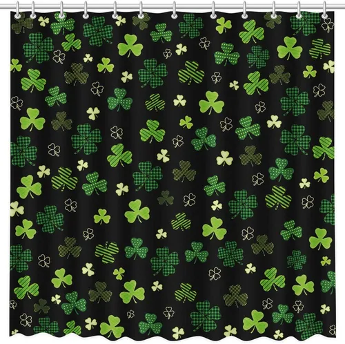 Vista 3 de MEHOFOND Cortina de ducha del día de San Patricio, cortina de baño de trébol irlandés, trébol de la suerte negro y verde, a cuadros, decoración