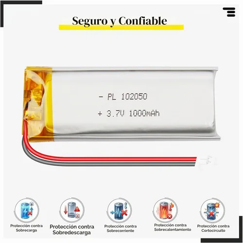 Vista 2 de 102050 3.7V 1000mAh LiPo Batería - Batería recargable de polímero de litio con placa de protección y conector Micro JST 1.25 para dispositivo