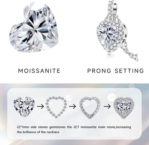 Vista 3 de Diamond Heart Necklace for Women,1-2 Carat Moissanite Love Halo Pendant Chain,Sterling Silver Lab Created Simulated Diamond Heart Jewelry Gift for