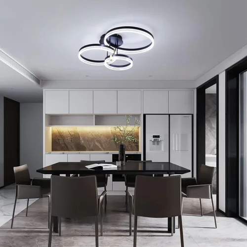 Vista 4 de Lámpara de techo moderna, 3 anillos LED negros cerca del techo, lámpara de techo acrílica regulable de 56 W, lámpara de techo para sala de estar