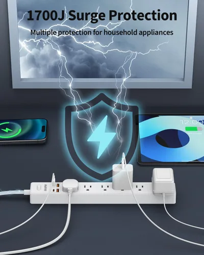 Vista 5 de Regleta protectora de sobretensiones de 6 pies, 7 tomacorrientes, 4 puertos USB (2 USB C), cable de extensión plano ultrafino y enchufe plano, 1700