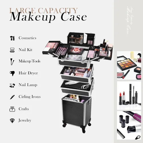 Vista 5 de Estuche de tren de maquillaje rodante 5 en 1, organizador de cosméticos profesional grande con ruedas giratorias de 360°, estuche de viaje