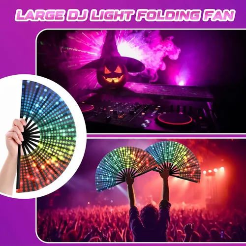 Vista 2 de Geetery Abanico grande plegable para rave para mujeres/hombres, fiesta de carnaval, arco iris, patrón de lentejuelas, orgullo, ventilador de mano