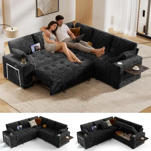 Vista 13 de Vipbear Sofá cama modular de 111 pulgadas con cama extraíble, sofá en forma de L de felpilla de 7 asientos con diván de almacenamiento, puertos USB