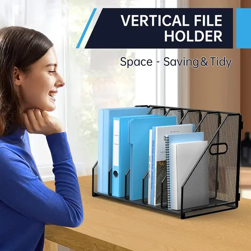 Vista 7 de MINDEPOT Organizador de Archivos de Escritorio de Metal Soporte para Carpetas de Revistas de Escritorio con 5 Compartimentos Verticales Organizador