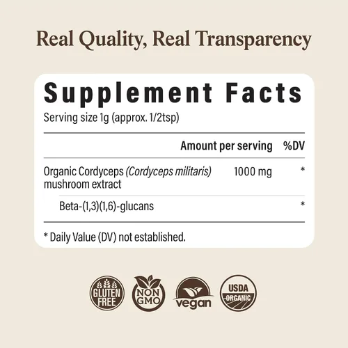 Vista 8 de Real Mushrooms Polvo de Hongos Cordyceps - Polvo de Cordyceps Orgánico Apoyo para Energía y Bienestar de Hongos - Rico en Beta Glucanos - Suplemento