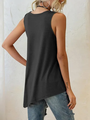 Vista 2 de LYANER Camiseta sin mangas de verano para mujer, cuello redondo, dobladillo asimétrico, sin mangas