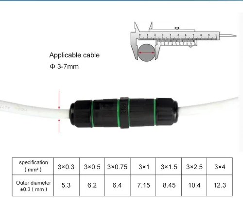 Vista 4 de Caja de conexiones de 3 pines al aire libre IP68 impermeable conector de cable eléctrico, caja de cable de alimentación externa adecuada para vallas