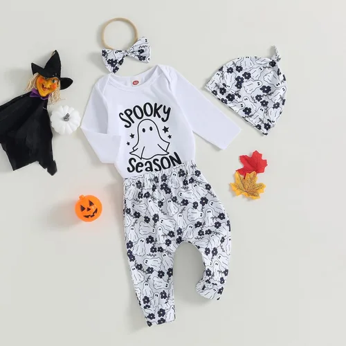 Vista 2 de Ropa de bebé de Halloween para niño y niña, fantasma, manga larga, mameluco, pantalones, diadema, sombrero, recién nacido, trajes de otoño