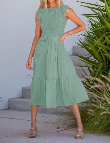 Vista 8 de MEROKEETY - Vestido midi fruncido de manga corta para mujer, vestido de verano casual, acampanado, con cintura elástica y escalonado