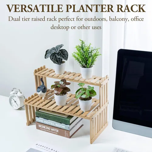Vista 8 de MyGift soporte para plantas de bambú natural con 2 niveles, para el escritorio, color café