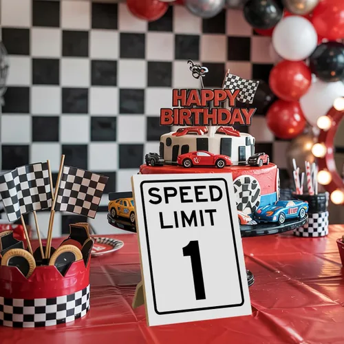 Vista 4 de Letrero de límite de velocidad 1, decoración de cumpleaños de coche de carreras, decoración de fiesta de cumpleaños para niños fanáticos